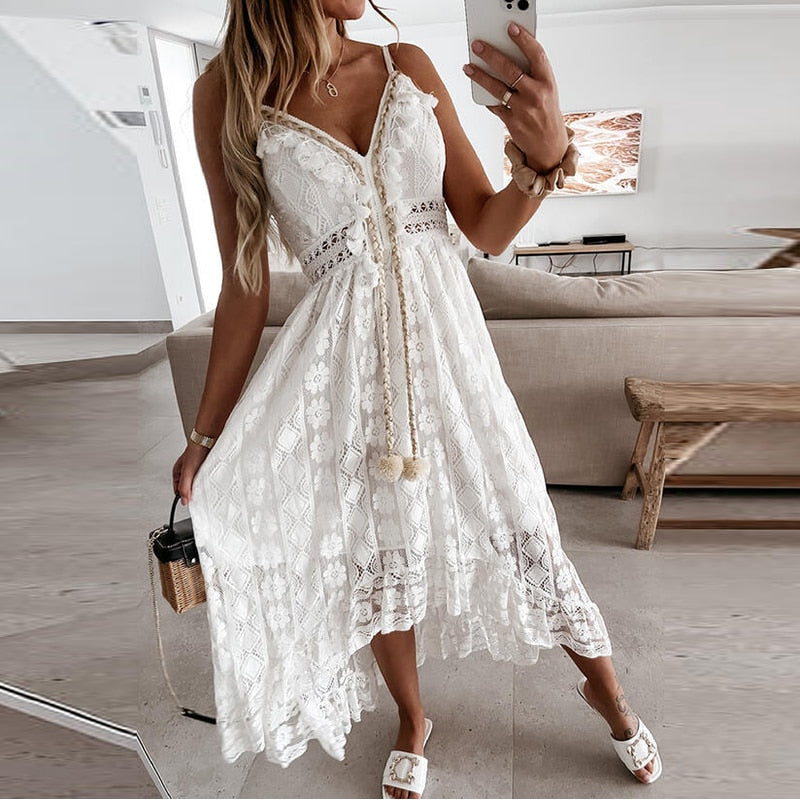 Off Shoulder Lace Patchwork Spaghetti Strap Dress