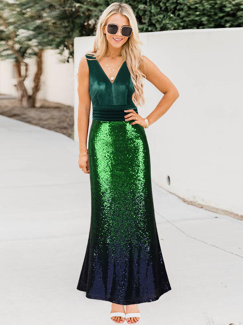 Sleevless V Neck Sequins Glitter Long Tank Maxi Dress