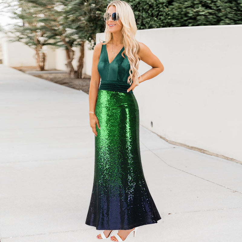 Sleevless V Neck Sequins Glitter Long Tank Maxi Dress