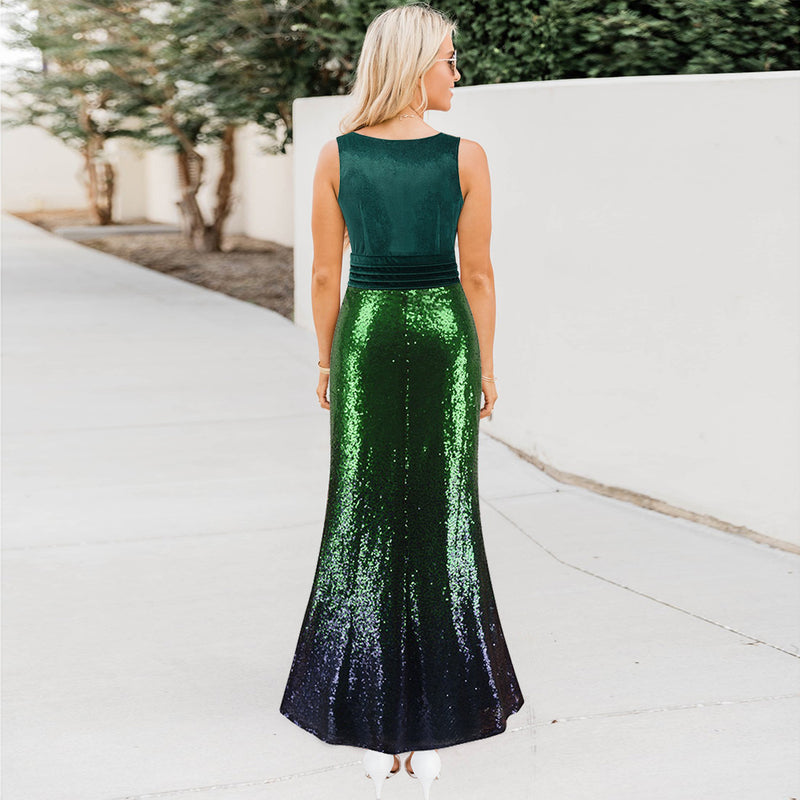 Sleevless V Neck Sequins Glitter Long Tank Maxi Dress