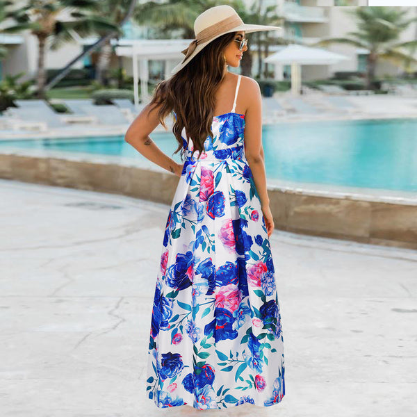 Spaghetti Strap Floral Sleeveless Long Blue Maxi Dress