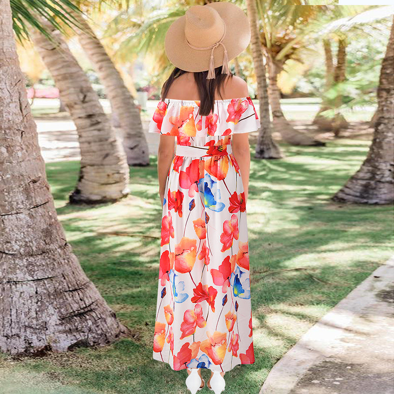 Off Shoulder Short Sleeve FLoral Maxi Dress