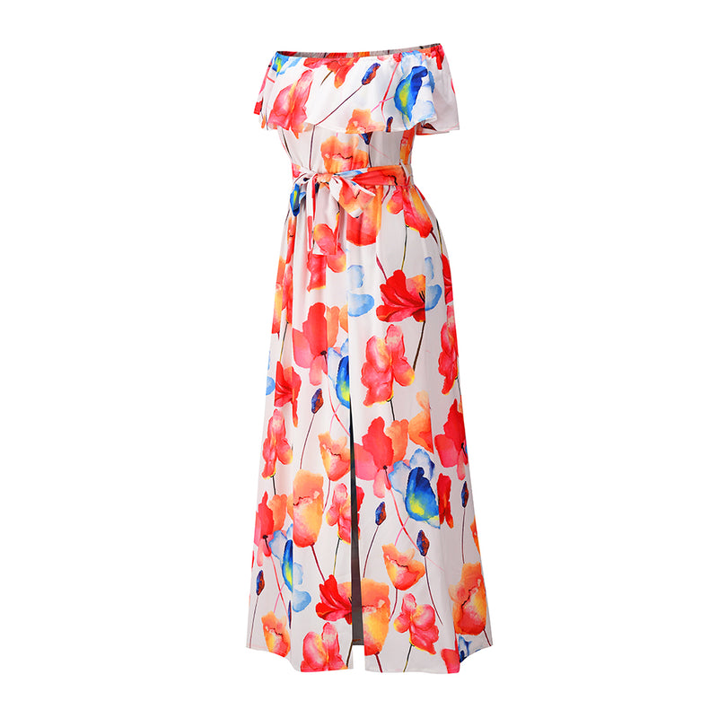 Off Shoulder Short Sleeve FLoral Maxi Dress