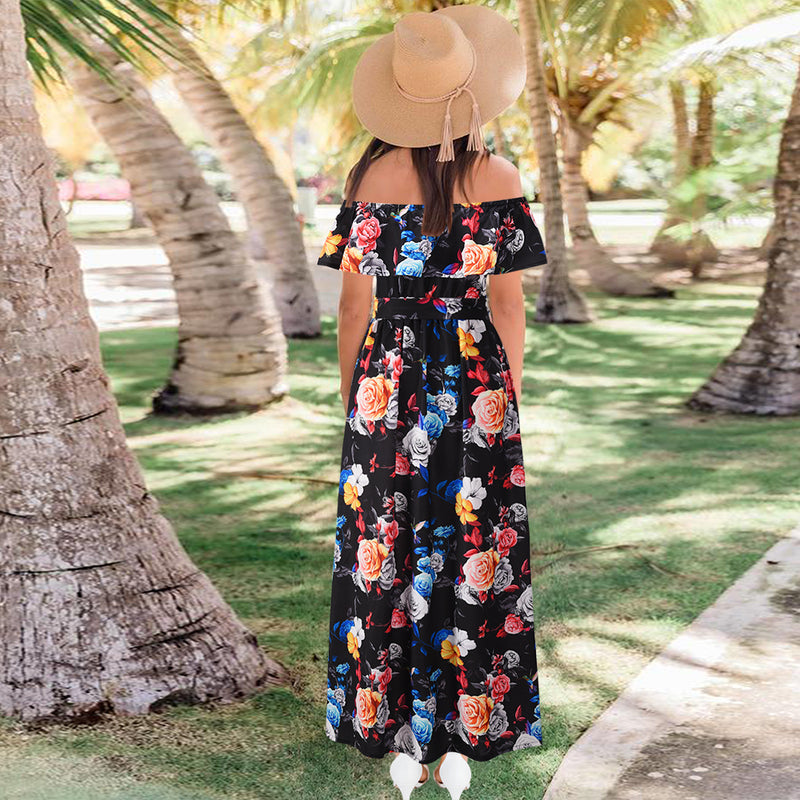 Off Shoulder Short Sleeve FLoral Maxi Dress