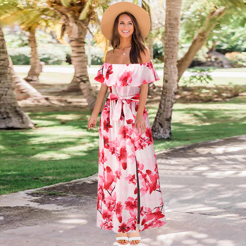 Off Shoulder Short Sleeve FLoral Maxi Dress