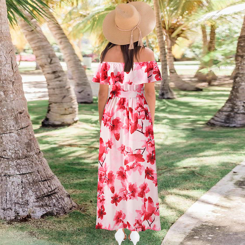 Off Shoulder Short Sleeve FLoral Maxi Dress