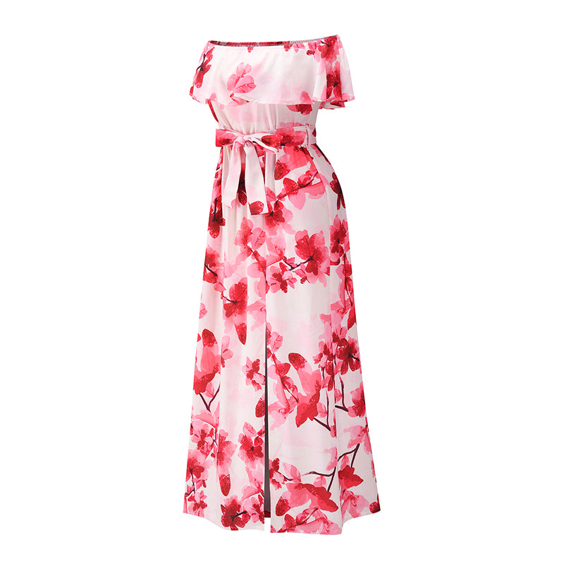 Off Shoulder Short Sleeve FLoral Maxi Dress