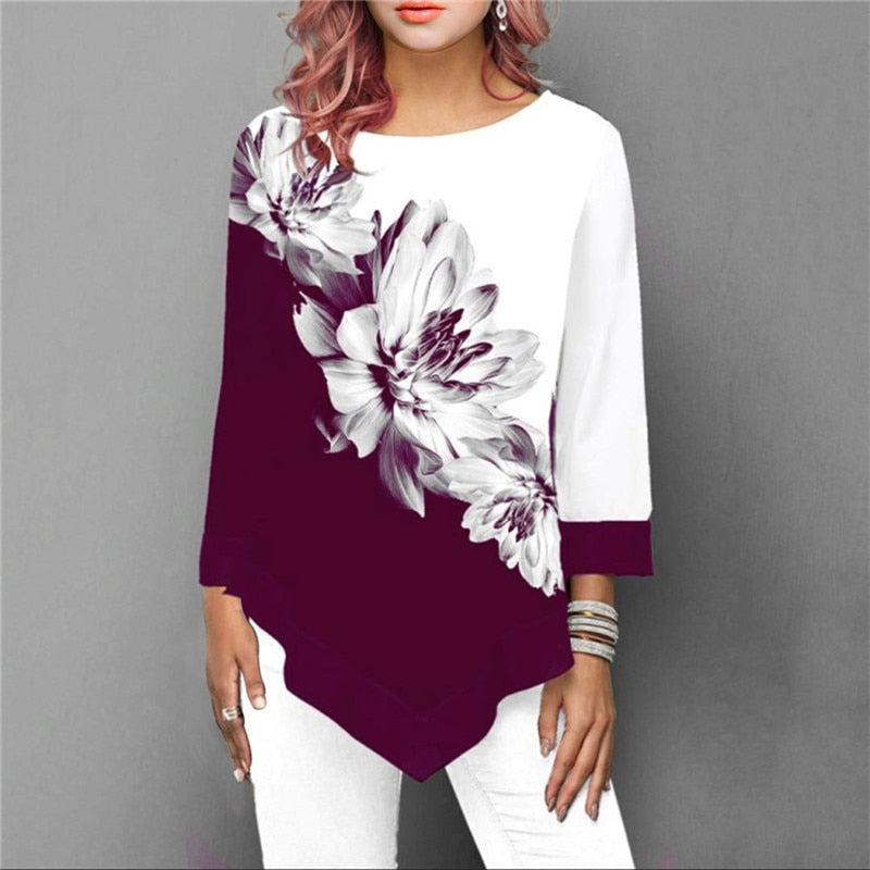 Fashion Floral Print Lace Patchwork Irregular Hem Blouse