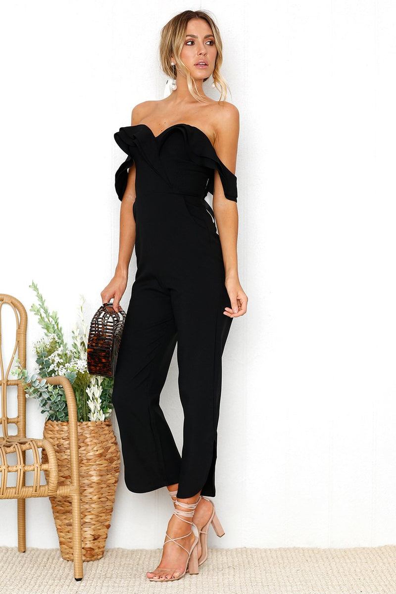 Black Sleeveless Plain Casual Off Shoulder Zip Back Jumpsuit - Landing Closet