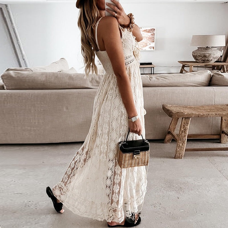 Off Shoulder Lace Patchwork Spaghetti Strap Dress