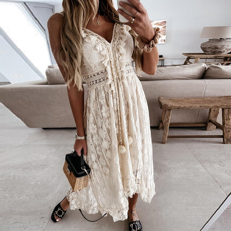 Off Shoulder Lace Patchwork Spaghetti Strap Dress