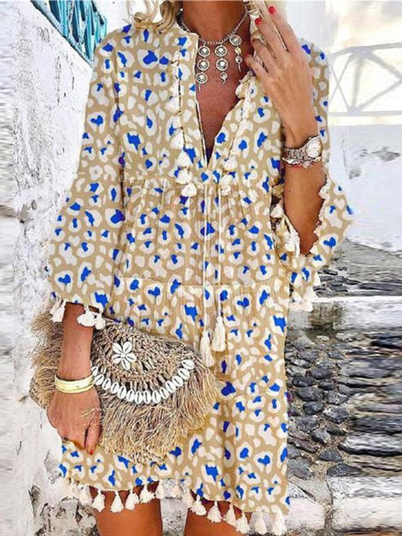 Tassel Beach V Neck Vintage Floral Print Dress