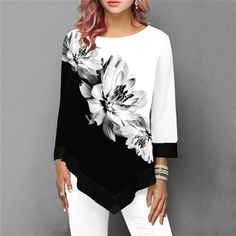 Fashion Floral Print Lace Patchwork Irregular Hem Blouse