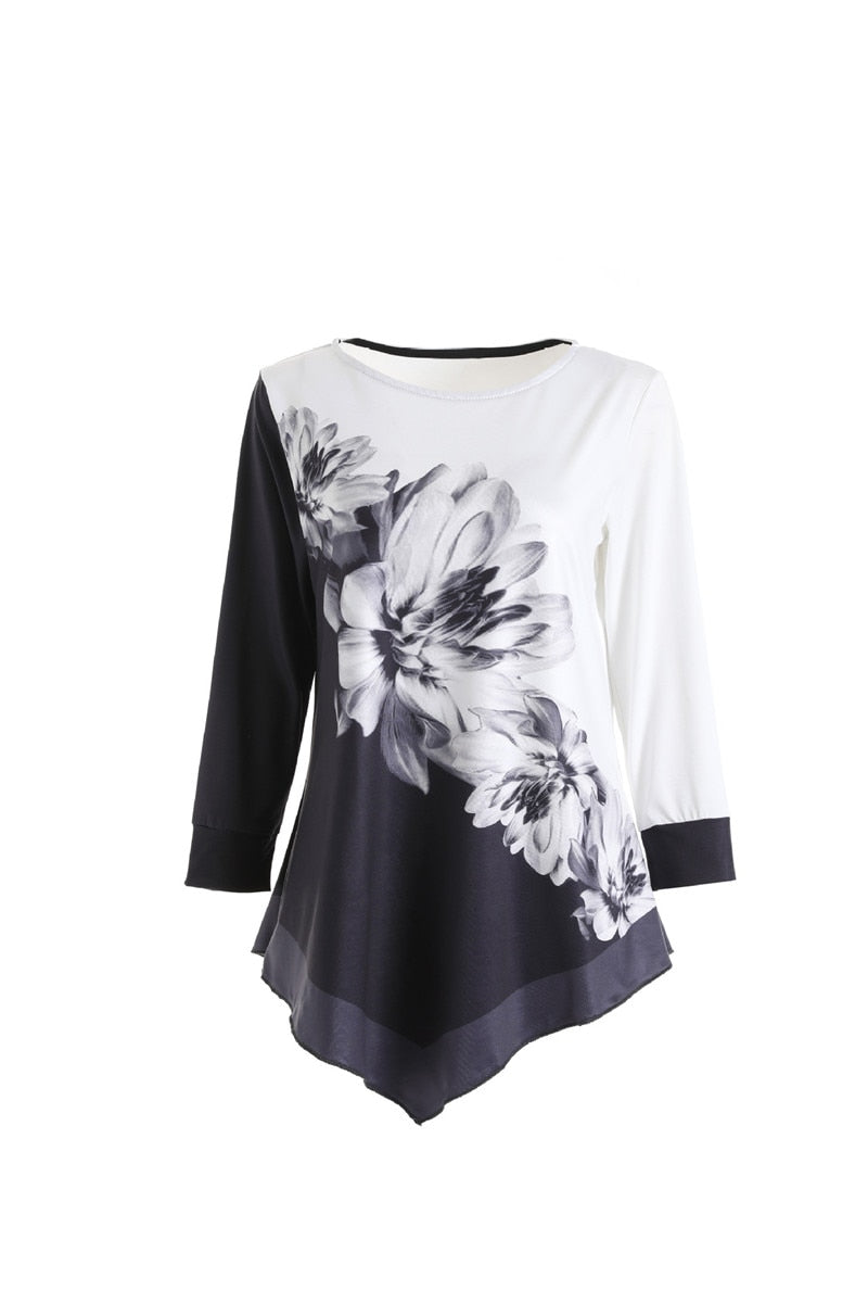 Fashion Floral Print Lace Patchwork Irregular Hem Blouse