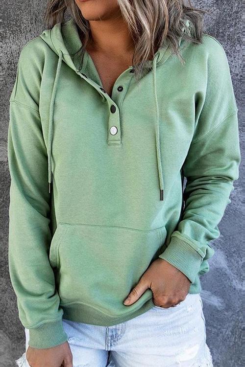 Solid Button Drawstring Hoodie