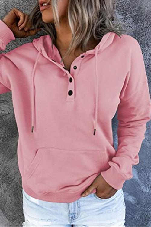 Solid Button Drawstring Hoodie