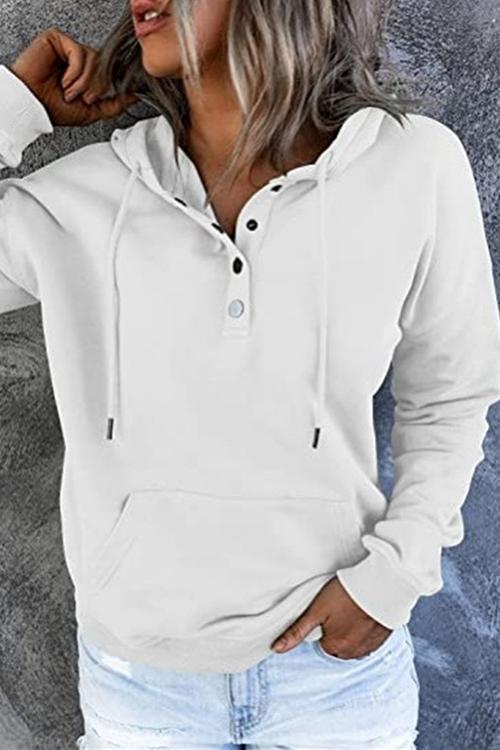 Solid Button Drawstring Hoodie