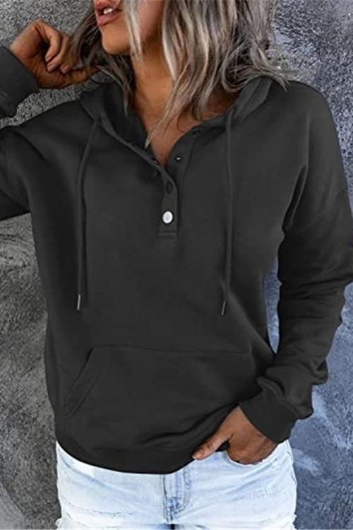 Solid Button Drawstring Hoodie