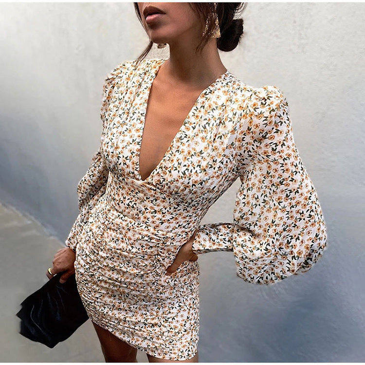 Deep V Neck Long Sleeve Floral Mini Dress