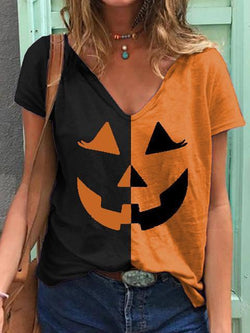 Halloween Pumpkin Print Contrast T-shirt