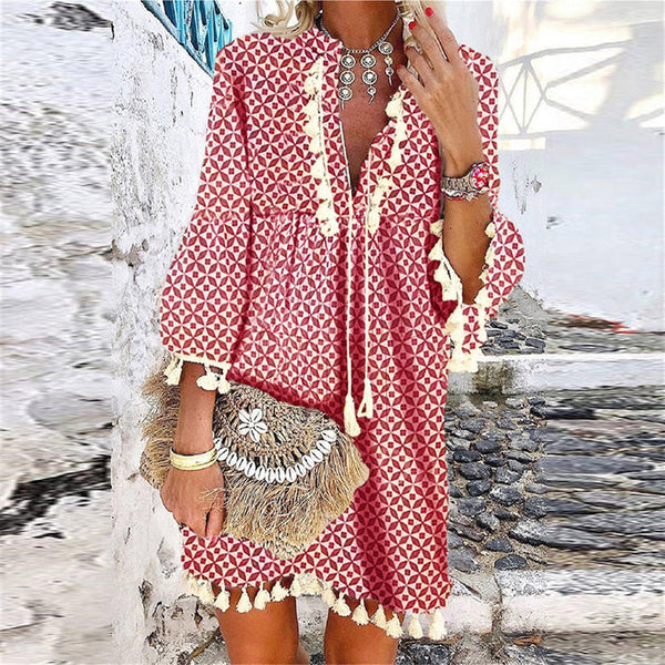 Tassel Beach V Neck Vintage Floral Print Dress