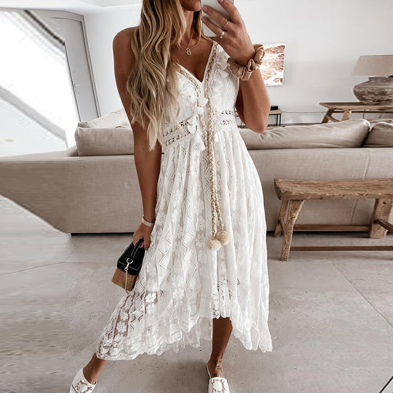 Off Shoulder Lace Patchwork Spaghetti Strap Dress