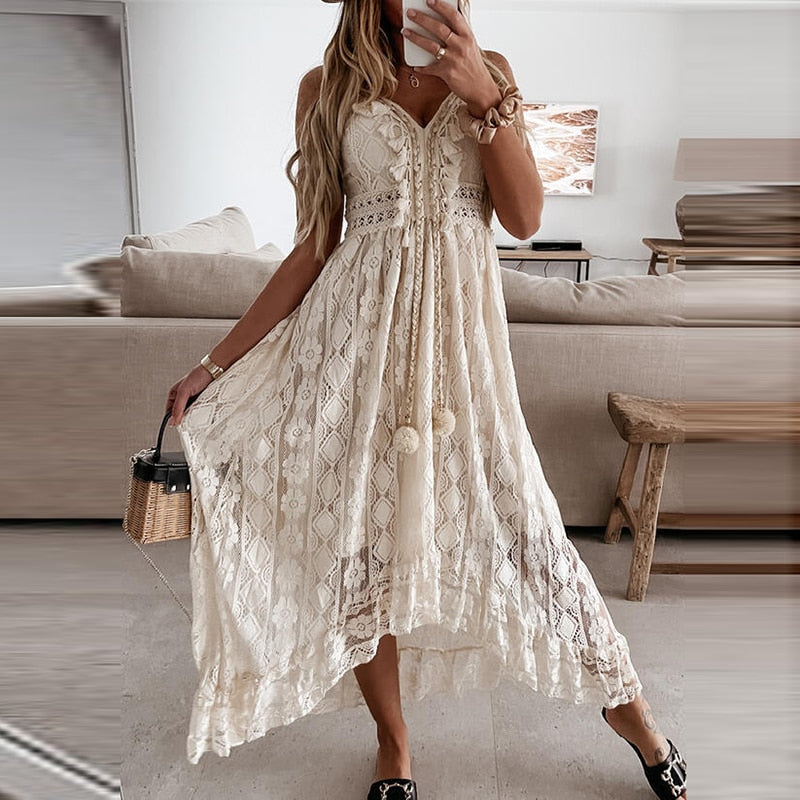 Off Shoulder Lace Patchwork Spaghetti Strap Dress