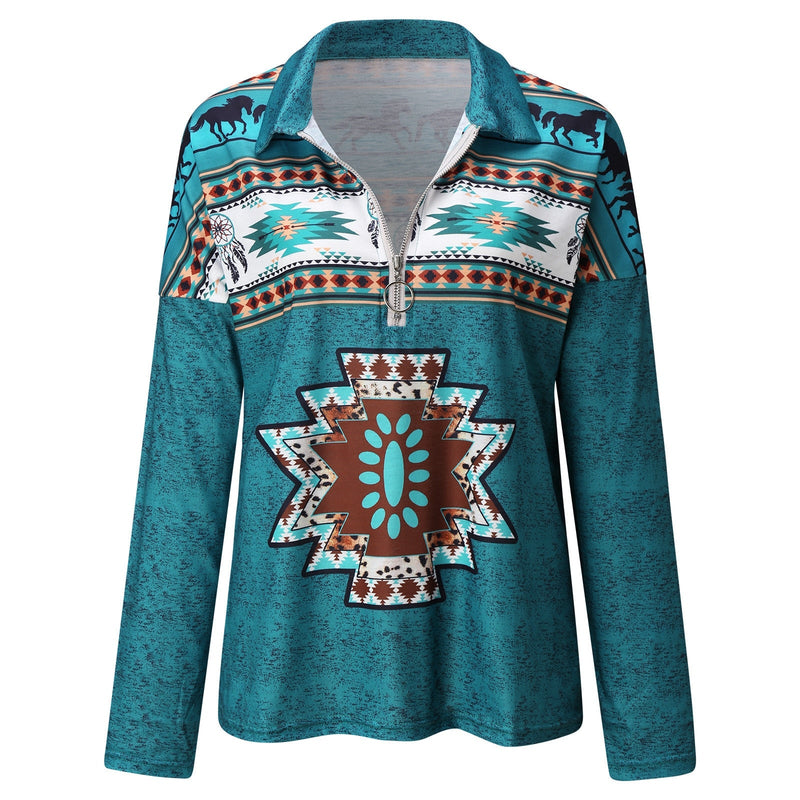 Casual Zipper Up Long Sleeve Printed Pullover Top