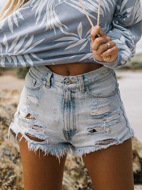 High Waist Hole Tassel Denim Shorts