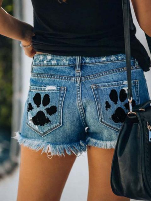 Paw Printed Hole Tassel Denim Shorts