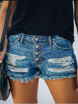 Hole Tassel Single breasted Denim Shorts