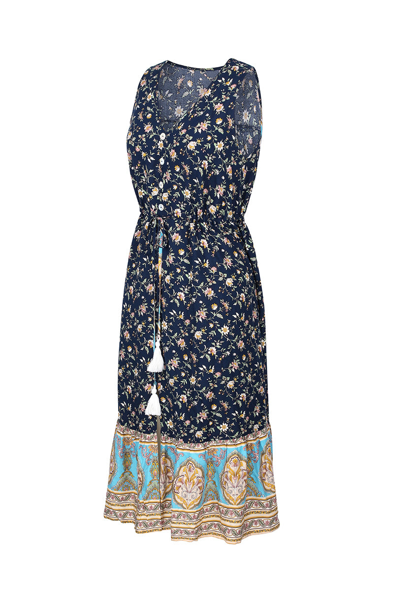 Sleeveless V Neck Flower Print Long Maxi Dress