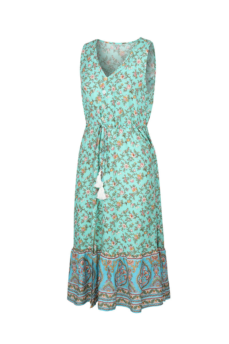 Sleeveless V Neck Flower Print Long Maxi Dress