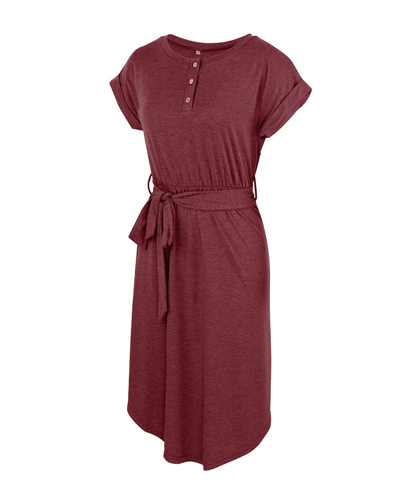 Round Neck Short Sleeve Waist Tie Midi Dress