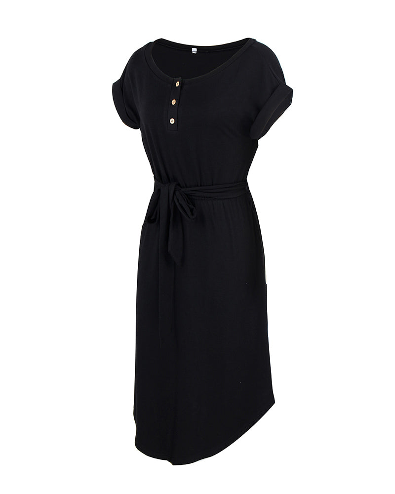 Round Neck Short Sleeve Waist Tie Midi Dress