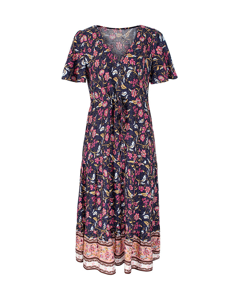 Short Sleeve Floral V Neck Midi Dress