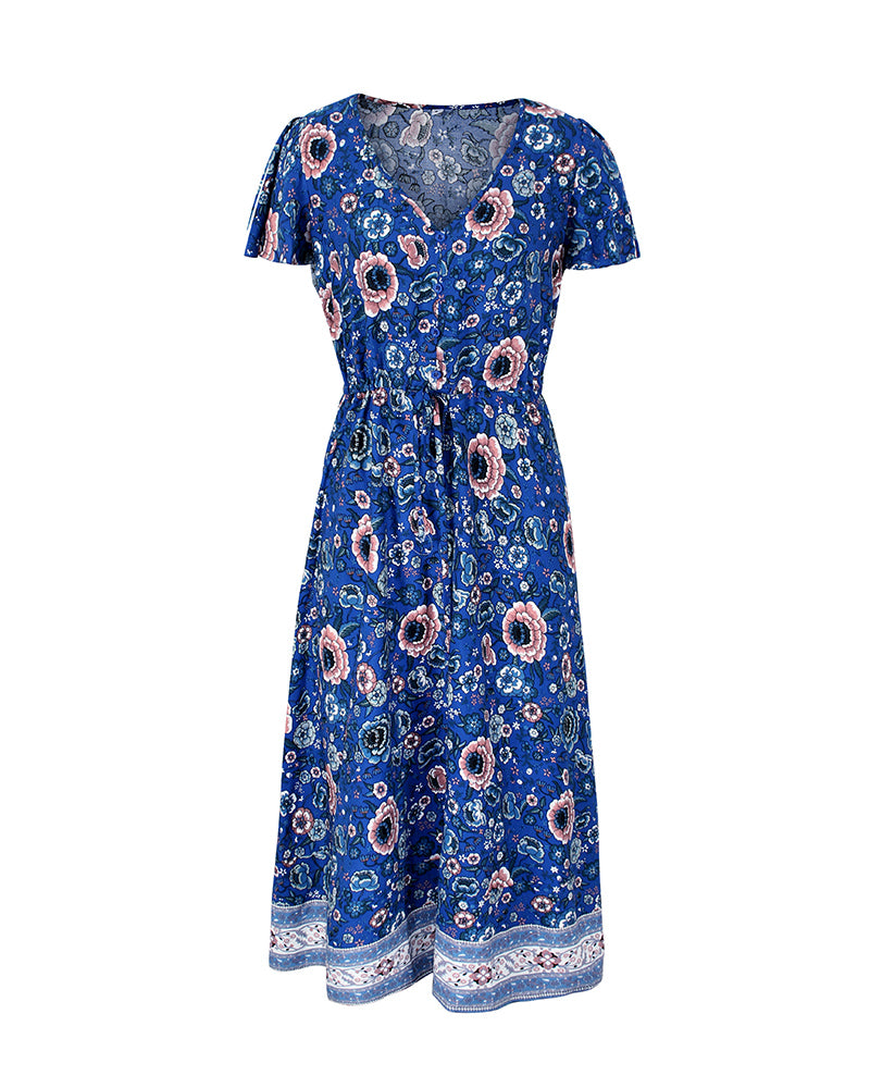 Side Split V Neck Floral Short Sleeve Maxi Dress