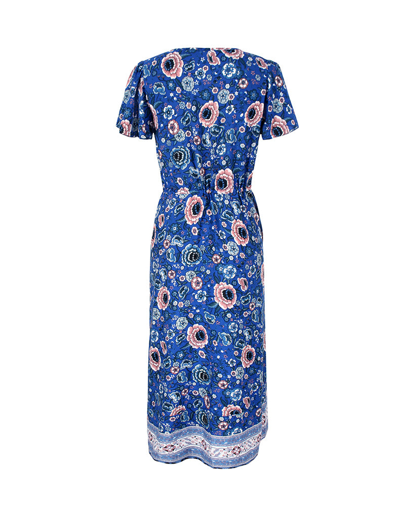 Side Split V Neck Floral Short Sleeve Maxi Dress