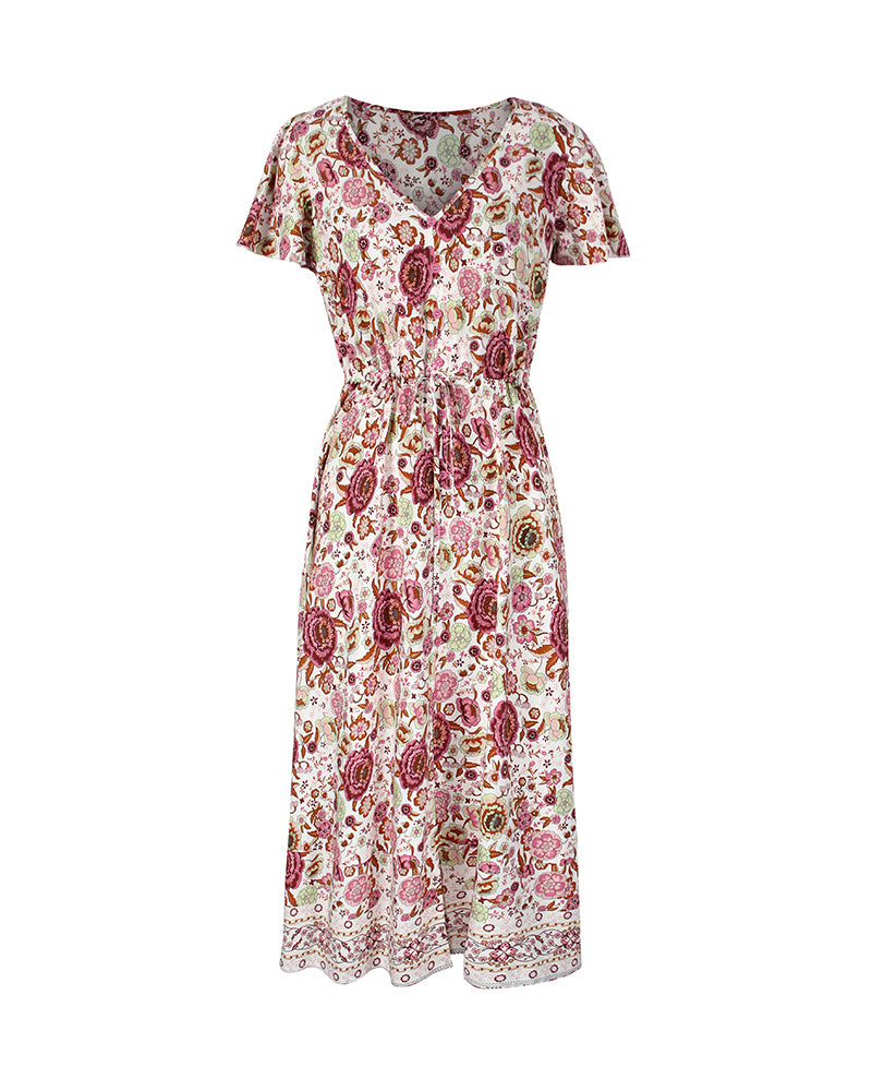 Side Split V Neck Floral Short Sleeve Maxi Dress