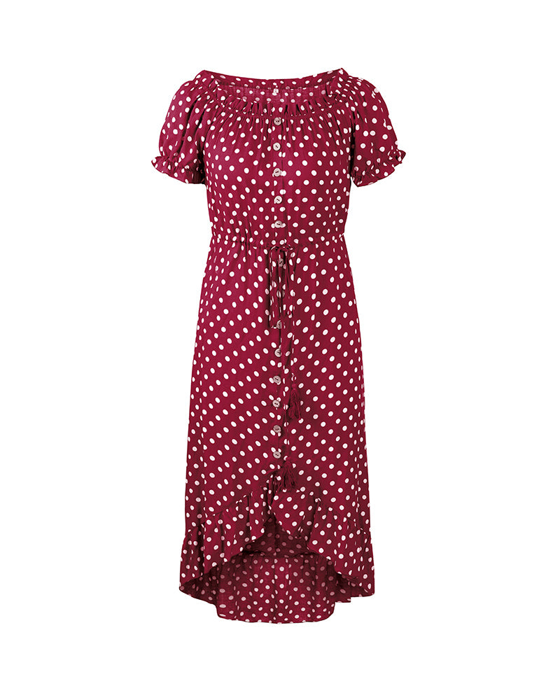 Off Shoulder Polka Dot Button Down Maxi Dress