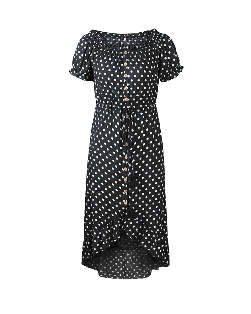 Off Shoulder Polka Dot Button Down Maxi Dress