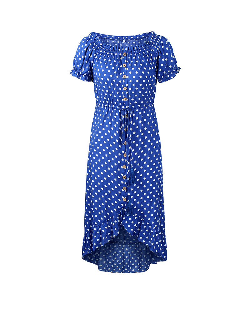 Off Shoulder Polka Dot Button Down Maxi Dress