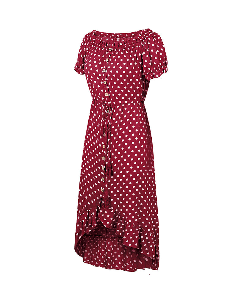 Off Shoulder Polka Dot Button Down Maxi Dress