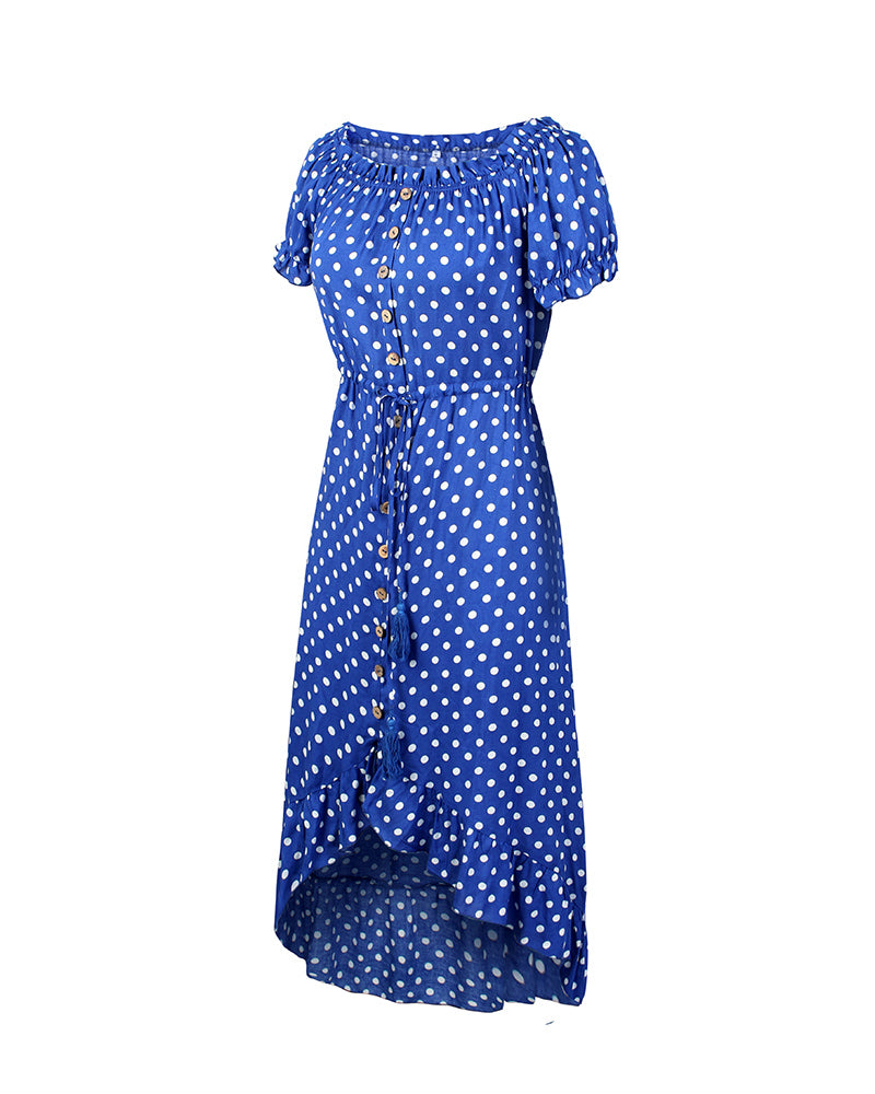 Off Shoulder Polka Dot Button Down Maxi Dress