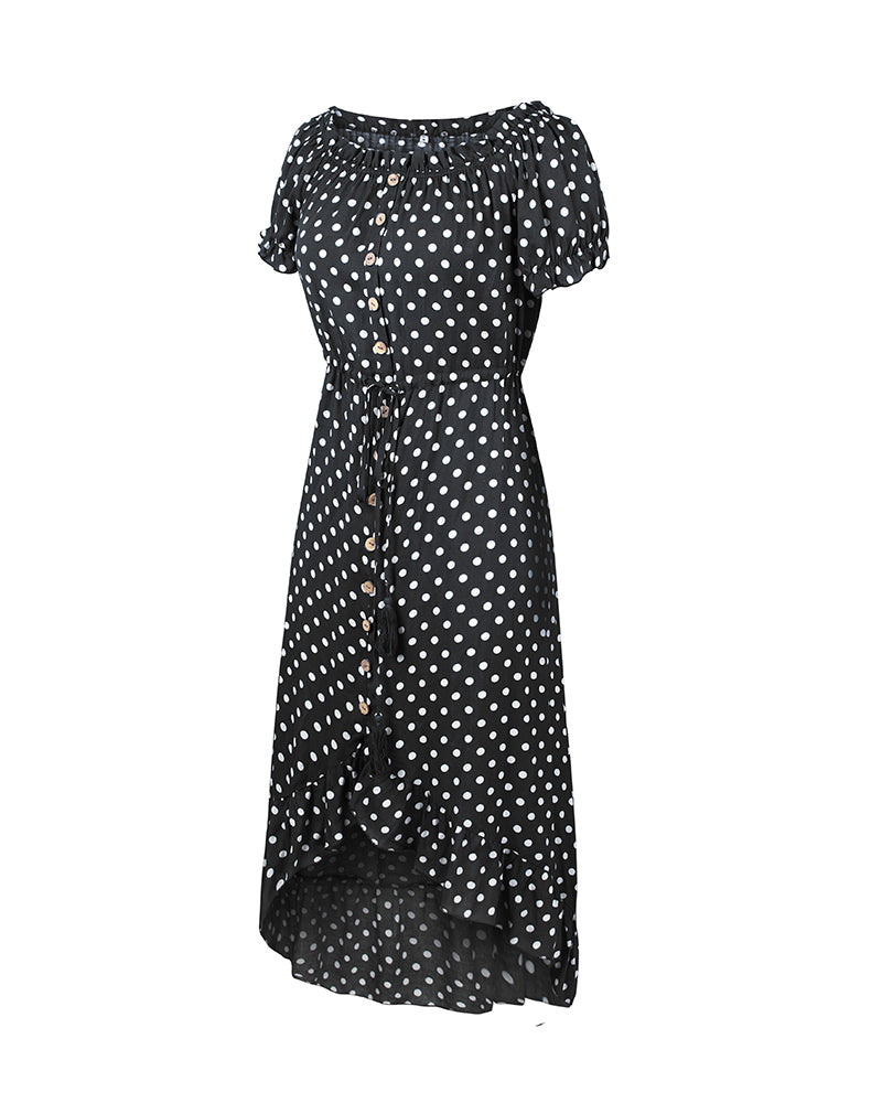 Off Shoulder Polka Dot Button Down Maxi Dress