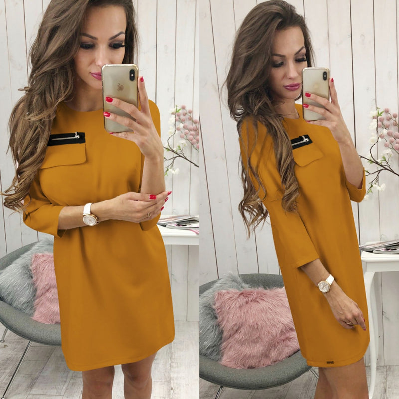 Black 3/4 Length Sleeve Plain Casual Crew Neck Mini Dress - Landing Closet