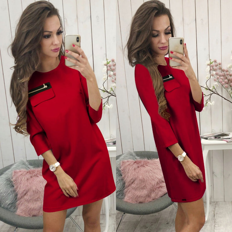 Black 3/4 Length Sleeve Plain Casual Crew Neck Mini Dress - Landing Closet