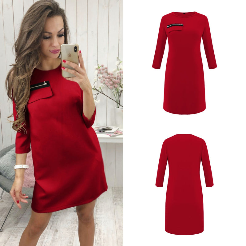 Black 3/4 Length Sleeve Plain Casual Crew Neck Mini Dress - Landing Closet