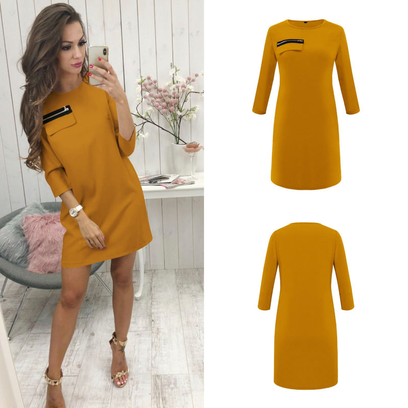 Black 3/4 Length Sleeve Plain Casual Crew Neck Mini Dress - Landing Closet