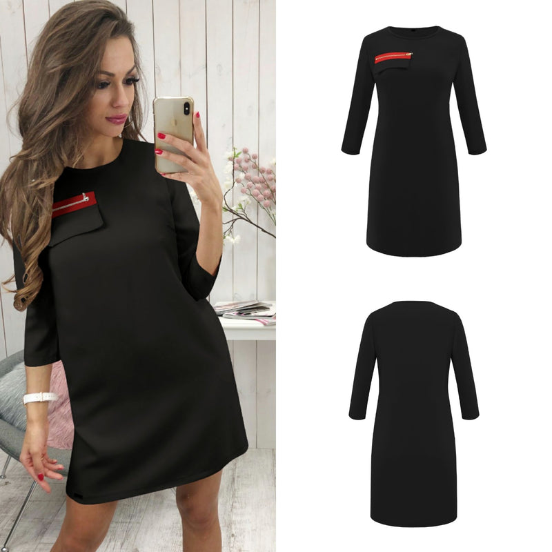 Black 3/4 Length Sleeve Plain Casual Crew Neck Mini Dress - Landing Closet